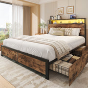 Fluest Queen Bed Frame with USB Port and LED Light, 2-Tier Storage Headboard, 4 Storage Drawers, Rustic Brown