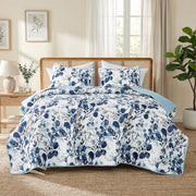 Regency Heights Full/Queen Botanical Quilt Set, 3-Piece Reversible Blue Floral and Polka Dot Coverlet Bedding with Shams, Lightweight All-Season RH14-0608