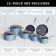 Nuwave Healthy Duralon Blue Ceramic Nonstick Cookware Set, Diamond Infused, Scratch Resistant, Induction Ready, Oven Safe, 12-Piece, 31427