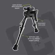 Caldwell XLA Bipod, Adjustable 6-9in Height, ARCA and Picatinny Rail Mount, Pivoting Frame with 20 Cant, Lightweight Aluminum, Black, 1237303