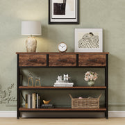 Valu4me Console Table with Power Outlets and USB Ports, Rustic Brown, 43.3 in, Narrow Sofa Table with 3 Fabric Drawers and 2 Open Shelves