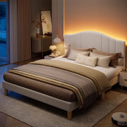 Pinmoco B702053H-BLTD Queen Upholstered Bed Frame with Adjustable Arc-shaped Headboard, LED Platform Bed, Teddy Velvet Black