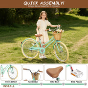 Korimefa Girls Cruiser Bike, 24 Inch, Adjustable Handlebar and Seat, Dual Braking System, Detachable Front Basket, Kickstand, Green, KF-B06