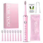 JTF Sonic Electric Toothbrush for Adults and Kids, 5 Brushing Modes, 8 Brush Heads, Tongue Scraper, Travel Bag, Rechargeable, Purple