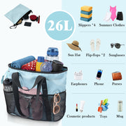 Pasman Large Beach Bag with Zipper, 8 Sandproof Mesh Pockets, Foldable Lightweight Tote for Women, 15x7x15 in