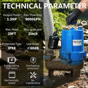 FOTING Submersible Sewage Pump, Heavy-Duty Cast Iron, 1.5HP PSC Motor, 9000 GPH, 2