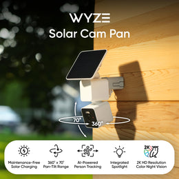 WYZE Solar Cam Pan, Security Cameras Wireless Outdoor, 2K HD 360 Pan-Tilt Battery Powered 2.4GHz Wi-Fi Cameras for Home Security, AI Motion Detection, Color Night Vision, 2-Way Audio, No Blind Spots