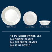 Corelle Brands Knox 18-Piece Dinnerware Set, Triple-Layer Vitrelle Glass, Sage-Grey Geometric Pattern, Service for 6
