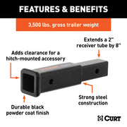 Curt Trailer Hitch Receiver Tube Extender, 8-Inch Length, 2-Inch Shank, 3,500 lb Capacity, Black Powder-Coated Steel, 45791