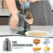 FANGNISN Cheese Shredder Rotary Grater with Handle, 3 Interchangeable Stainless Steel Blades, Strong Suction Base, Grey Blue, 9 in