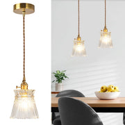 JOPESO Pendant Light Vintage Ripple Glass Shade Gold Metal Finish Adjustable Cord L24026 Hanging Lamps