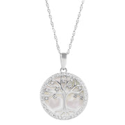 Brilliance Fine Jewelry Round Mother of Pearl and Crystal Accented Family Tree Pendant in Sterling Silver 18