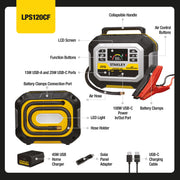 Stanley FatMax Car Battery Booster with 120 PSI Air Compressor, USB PowerStation, Solar Compatible, Yellow, LPS120CF