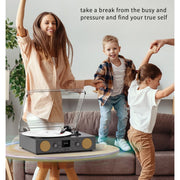 TANLANIN Record Player, 3-Speed Belt-Driven Turntable with Built-In Speakers, FM Radio, Bluetooth, RCA Line Out, AUX In, USB Recording, Auto Stop, Gray
