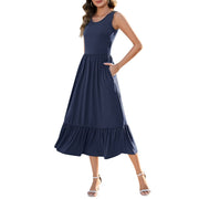 OutfitShow Summer Maxi Dress for Women, Sleeveless, Flowy Tiered Skirt with Ruffle Details, Blue, with Pockets