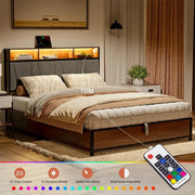 GUNAITO WAL-HB071 Lift Up Storage Platform Bed Frame With Wingback Upholstered Headboard, Charging Station & LED Lights