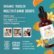 MaryRuth Organics Organic Toddler Multivitamin Liquid Drops with Iron, Orange Vanilla, Vegan, Non-GMO, 2 fl oz