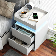 IDEALSOUL Nightstand Set of 2 with Multifunctional Charging Station, LED Lighting with 22 Dynamic Modes, 3 Hidden Drawers, White MDF, Modern Design, CTG001
