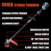 Senix 60V Max X6 Brushless Cordless String Trimmer, 16-Inch Cutting Diameter, Variable Speed, Lightweight Aluminum Shaft, 3Ah Battery and Charger Included
