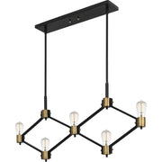 Quoizel Downing Linear Chandelier, 5-Light Island Pendant with Matte Black Steel Finish and Weathered Brass Accents, Adjustable Dimmable Lighting, DWG542MBK
