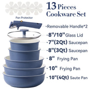 Carote A14028 13Pcs Nonstick Cookware Sets, Pots and Pans with Detachable Handles, Induction Cookware, Navy Blue