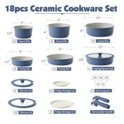 Sensarte SA-SET47-18PCS-Navy Ceramic Nonstick Pots and Pans Set with Detachable Handle, 18 pcs Blue