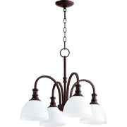 Quorum Richmond 4-Light Dinette Chandelier, Transitional Design, Oiled Bronze Finish, Satin Opal Glass Shades, 23 in Wide, 6211-4-86