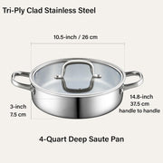 Cook N Home 4 Quart Tri-Ply Clad Stainless Steel Saute Pan with Lid, 10.5 Inch, Induction Compatible, Oven Safe, 02806