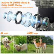 Campark Solar Powered Trail Camera, 46MP, 4K 30fps Video, 0.1s Trigger, Night Vision with 36 Infrared LEDs, WiFi Bluetooth, Loop Recording, Waterproof IP66, Rechargeable Battery T300