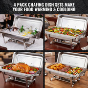 Daluvenix 4 Pack 8 Quart Stainless Steel Rectangular Chafing Dish Set with Lids, Pans, Fuel Holders for Catering and Events