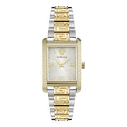 Versace Tonneau Womens Watch, Two Tone Stainless Steel Bracelet, Gold Tone Case, White Sunray Dial, Quartz Movement, VE1C00621