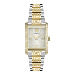 Versace Tonneau Womens Watch, Two Tone Stainless Steel Bracelet, Gold Tone Case, White Sunray Dial, Quartz Movement, VE1C00621