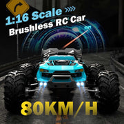 Flypear 1:16 Scale Fast RC Car, 80 KPH Brushless Motor, 4WD Off-Road Monster Truck, Blue, 2.4 GHz Remote Control, Dual Rechargeable Batteries, SG116MAX-2