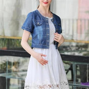 Summer Shawl Denim Jacket Women Collarless Short Sleeve Cropped Slim Fit Dark Blue S