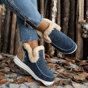 ScarletteEmmy Womens Faux Fur Lined Winter Ankle Booties, Warm Micro Suede, Memory Foam Cushion, Non-Slip Rubber Sole, Blue, Medium Width, Low Thick Heel