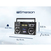 Emerson Retro Portable CD Boombox with Bluetooth, AM/FM Radio, AUX Input, Rechargeable Battery, Black, EPB-3004
