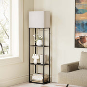 SUNMORY Large Floor Lamp with 4-Tier Wood Shelves, 9W LED Bulb with 3 Color Temperatures, Off-White Fabric Shade, Modern Design for Bedroom Living Room Office