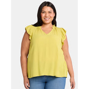 Terra & Sky Women's Plus Size Ruffle Neck Blouse with Flutter Sleeves, 100% Viscose, Comfort Fit, Sizes 0X-5X