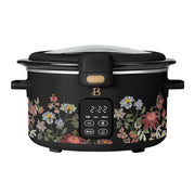 Made By Gather 29281 Beautiful 4 Qt Digital Slow Cooker with Spill-Proof Hinged Locking Lid, Touch Display, Matte Steel Housing, Wildflower Black