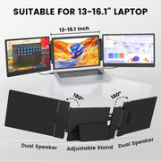 Tlscon TZP-S3 Portable Monitor, 14.1-Inch IPS Triple Screen Extender, Full HD 1920x1080, Foldable Adjustable Stand, Black