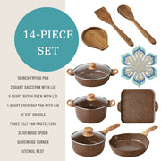 The Pioneer Woman PWS542769314491 Prairie Signature 14-Piece Cast Aluminum Cookware Set, Brown Speckle, Nonstick Interior, Glass Lids, Acacia Utensils
