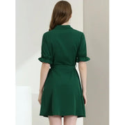 Unique Bargains 1EFNUC7V9L49 Women's Casual Shirt Dress, 100% Cotton, Tie Waist, Short Ruffled Sleeves, Dark Green
