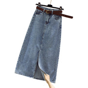 Elegantia Goods Womens High-Waisted Denim Midi Skirt with Front Slit, Blue
