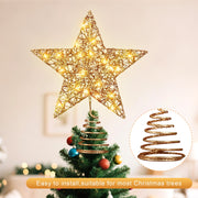 Qoosea Christmas Tree Topper, Glitter Champagne Gold Star with Built-in LED Lights, Stable Base, Holiday Decoration