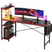Bestier 61 in. LED Gaming Desk with 4-Tiers Reversible Storage Shelves and Side Storage Bag and 2-Hooks Black Carbon Fiber