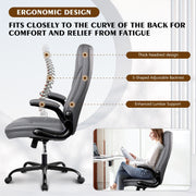 Coolhut Executive Office Chair, Ergonomic High-Back, Adjustable Flip-Up Armrests, Lumbar Support, Gray PU Leather