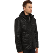John Varvatos O920Q3B-AQWE-001 Men's Quilted Puffer Double Collar Hoodie with Contrast Trims, Large, Black