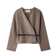 ScarletteEmmy Womens Wool Blend Belted Wrap Coat, Soft Polyester Knit, Open Front, Long Sleeve, Black Brown Khaki