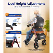 VOCIC Rollator Walker for Seniors, Foldable Aluminum Frame, Supports 350lb, 8-Inch All-Terrain Wheels, Ergonomic Adjustable Handles and Seat, Detachable Storage Bag, Red, V-RL-Z21-A-RD