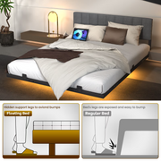 Behost Full Size Floating Bed Frame Upholstered with LED Lights and Built-in Charging Station, Metal Bed Frame, Gray